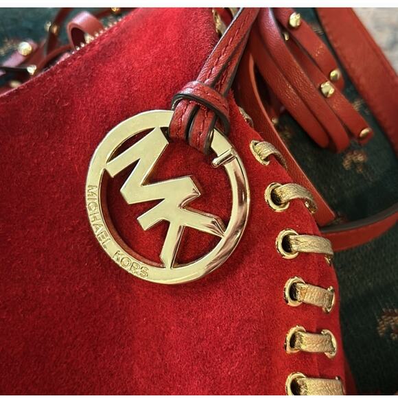 Michael Michael Kors Red and Gold Grommet Whipstitch Suede Fringe Rhea Crossbody - Picture 9 of 11